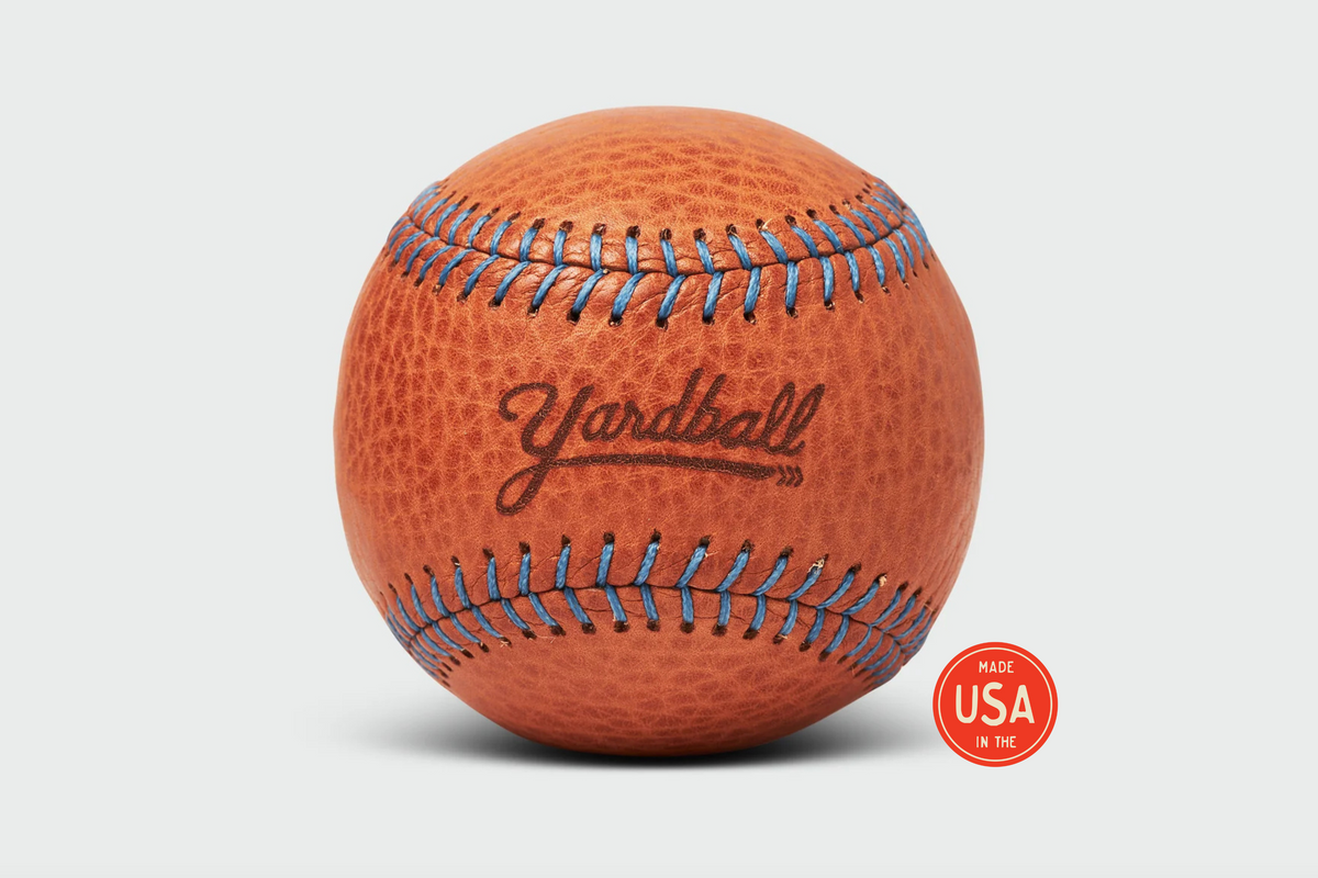 Glove Tan Yardball with powder blue stitching - handmade leather catch ball with contrasting thread detail