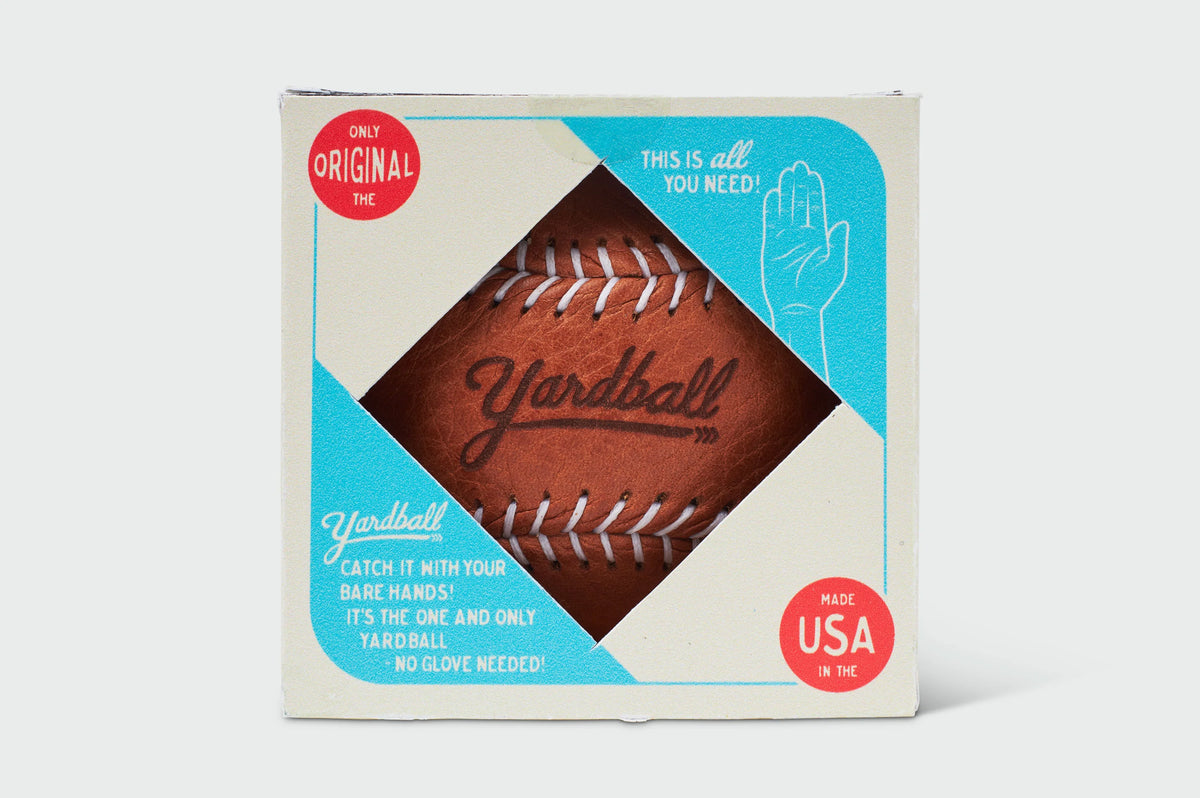 Glove Tan Yardball product box featuring the original handmade Yardball with messaging "Catch it with your bare hands - It's the one and only Yardball no glove needed" and Made in USA badge