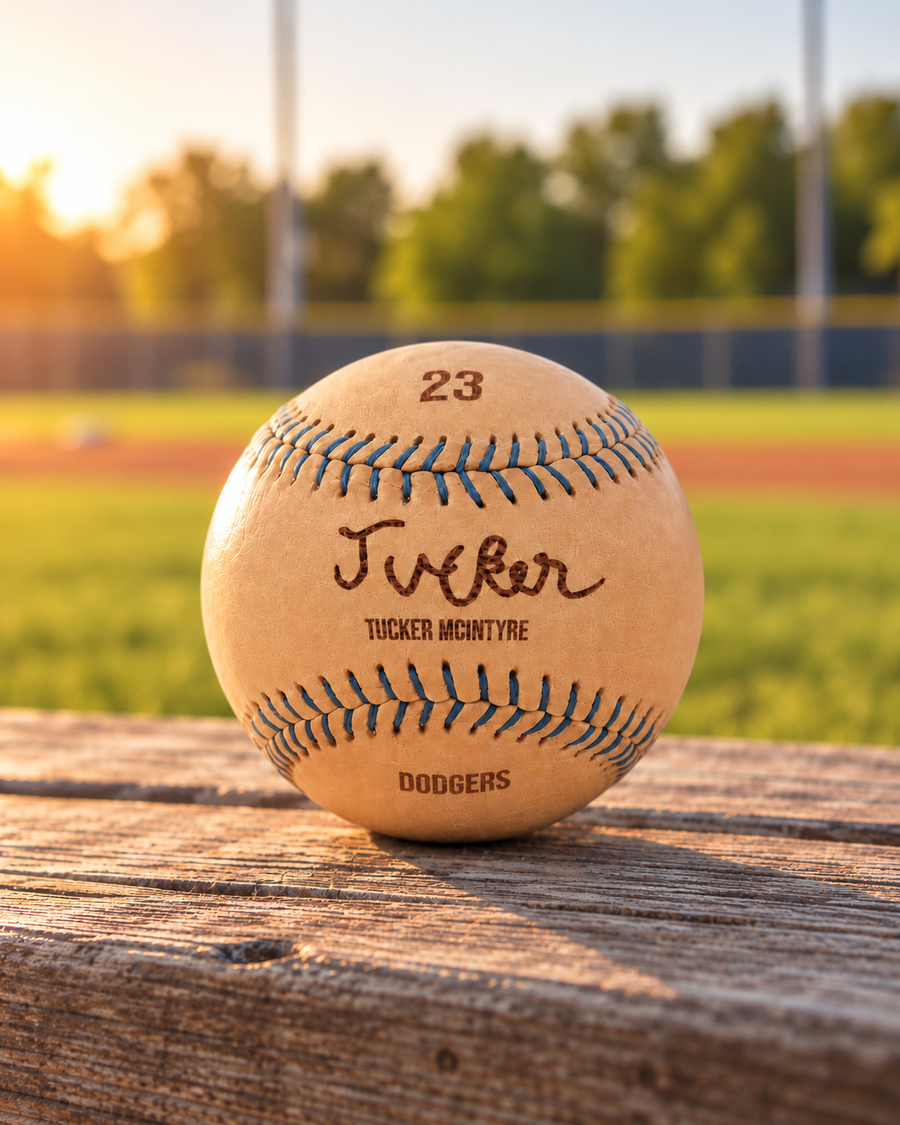 Autograph Yardball engraved with a kid's signature, the number 23, and a team name, sitting on a wooden dugout bench at a ball field