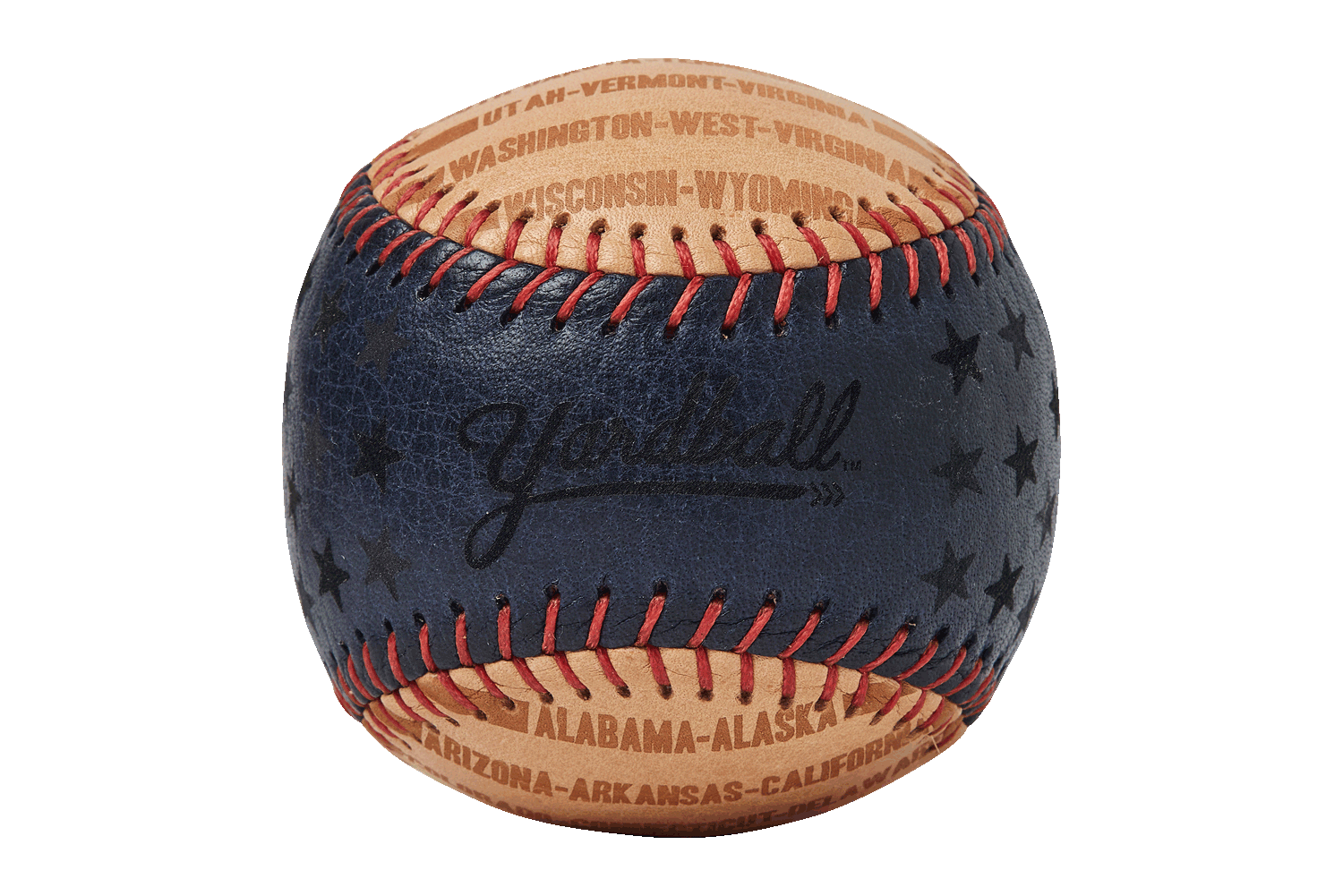 USA 250 Yardball — navy leather catch ball with black stars, red stitching, and all fifty US state names engraved around the seams