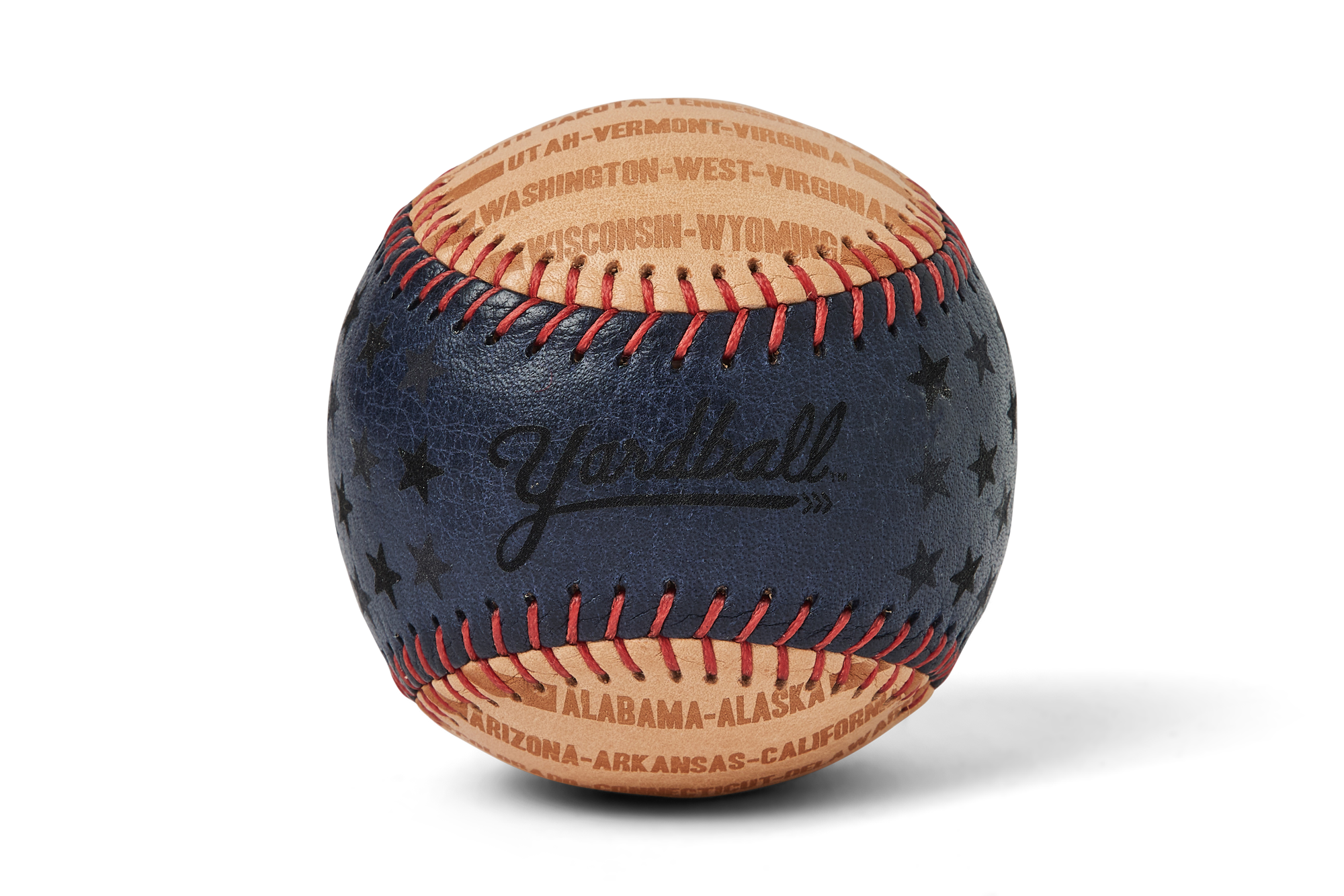 USA 250 Yardball — navy leather catch ball with black stars, red stitching, and all fifty US state names engraved around the seams