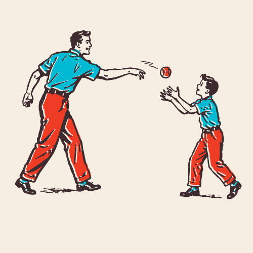 Illustration of a dad tossing a Yardball to his son