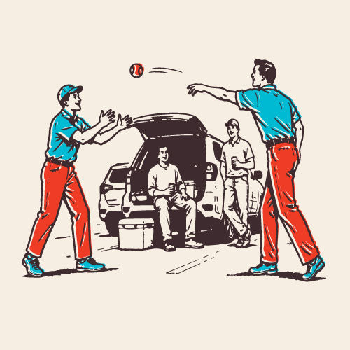 Illustration of two friends playing catch at a tailgate