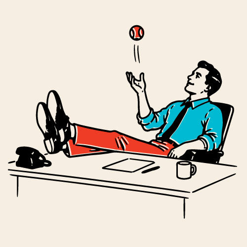 Illustration of a man tossing a Yardball at his office desk