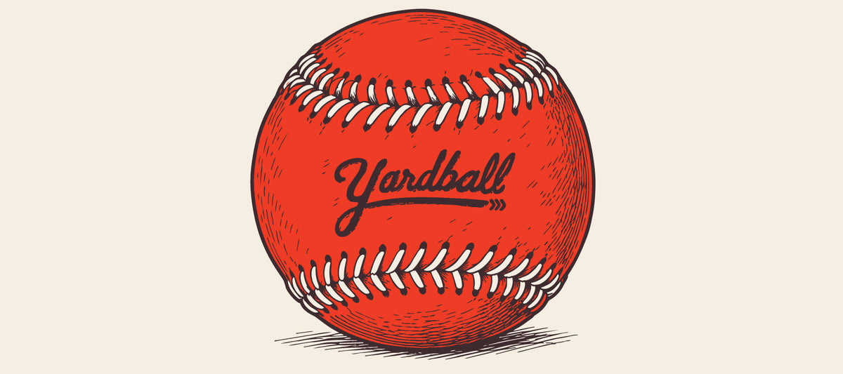 Illustration of a Yardball, red-orange leather with white stitching