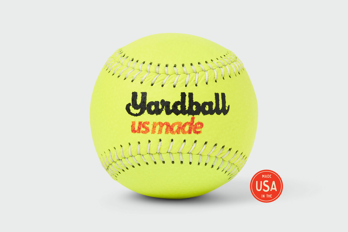 Yardball Open - LPR #11 bright yellow Italian leather handmade catch ball with black stitching, Yardball US Made branding, and Made USA seal, premium toss ball for yard games