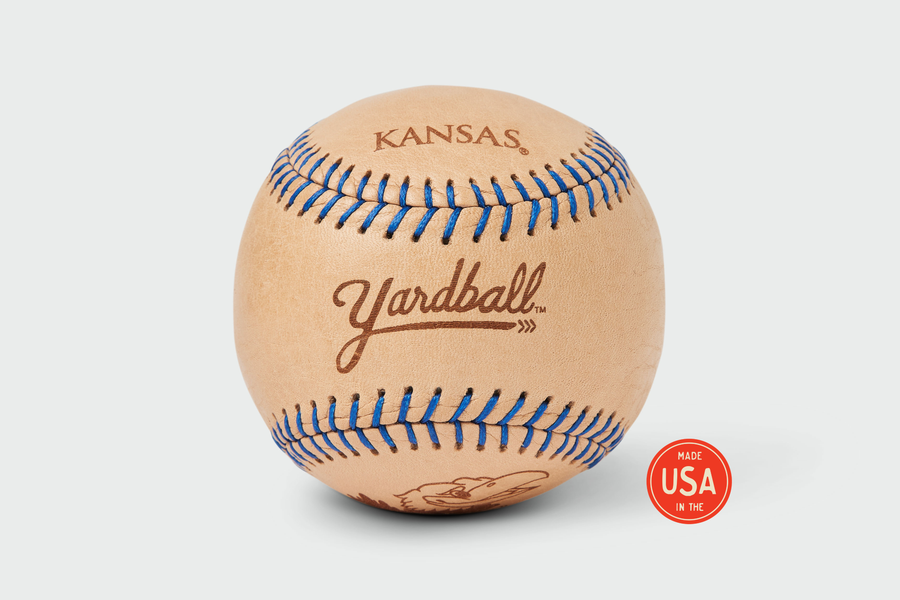 University of Kansas Yardball, natural leather with blue and red stitching