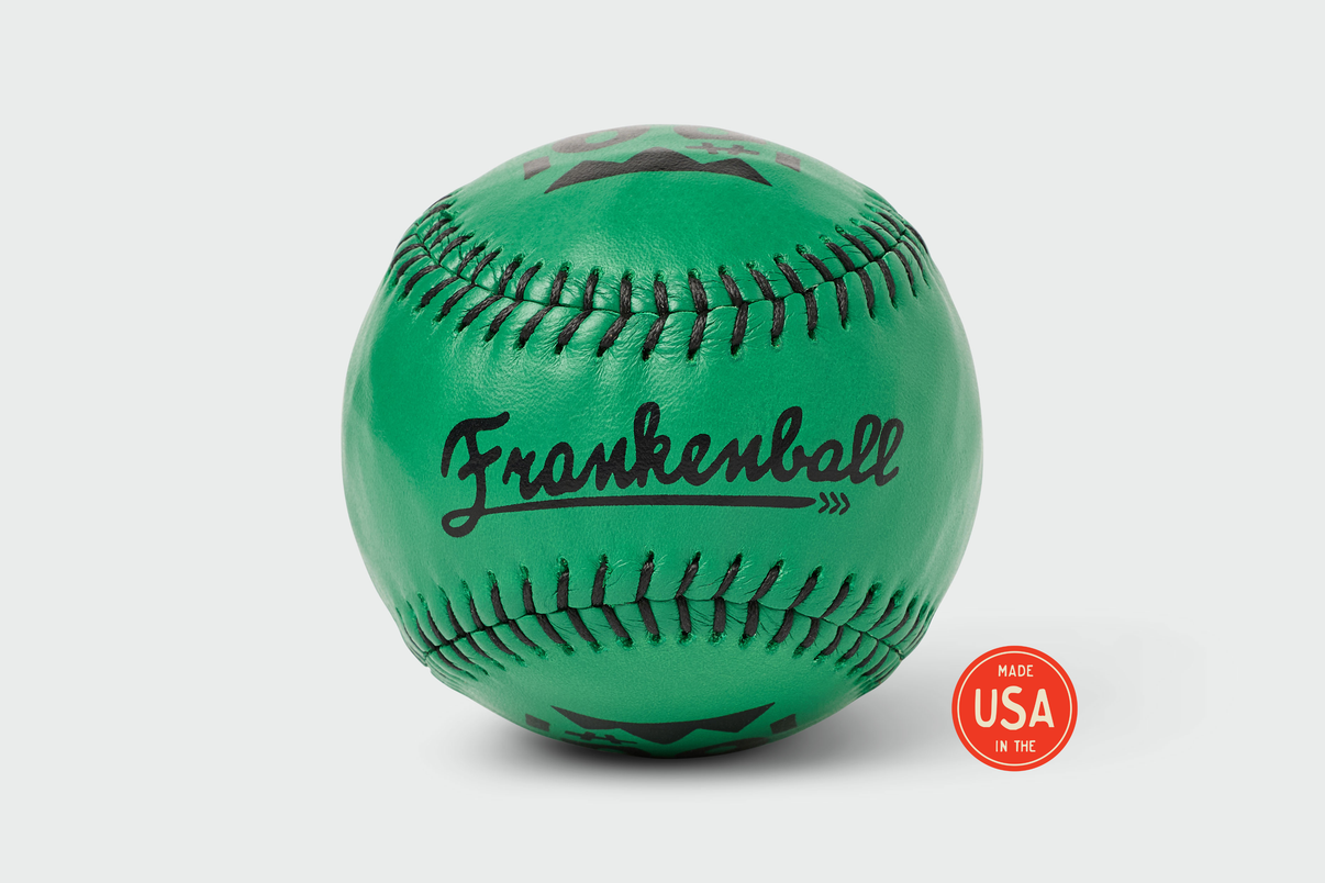 Frankenball - LPR #12 bright green Frankenstein-themed handmade Yardball with black stitching, monster face design, Frankenball script branding, and Made USA seal