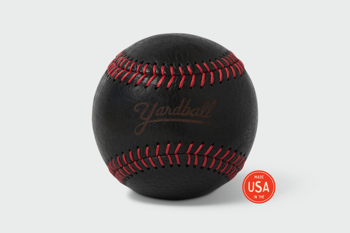 Black Yardball with red stitching variant - handmade leather catch ball, Yardball script detail