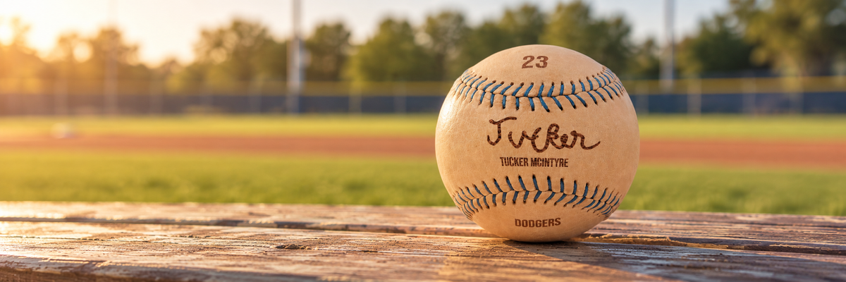 Autograph Yardball engraved with a kid's signature, the number 23, and a team name, sitting on a wooden dugout bench at a ball field