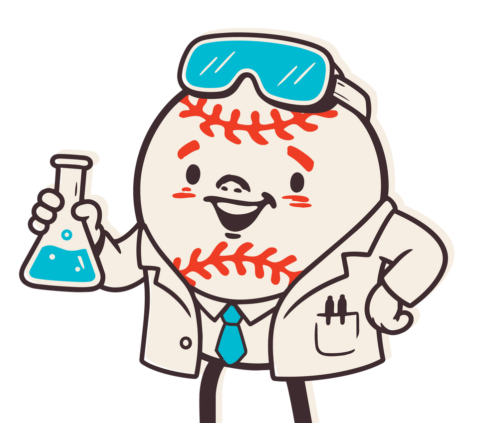 Yardball mascot in a lab coat holding a flask